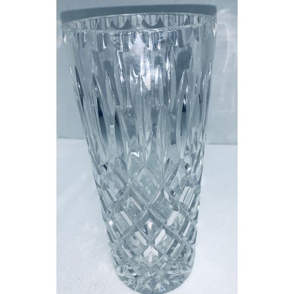 Vintage Diamond Cut Glass Cylinder Vase Faceted Knapped Rim 10" Tall X 4" EUC - Picture 1 of 12